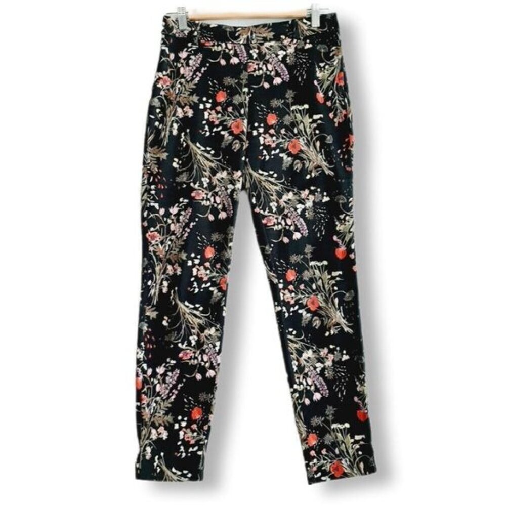 H&M Cigarette Straight Slim Floral Crop Trousers Black Sz 6